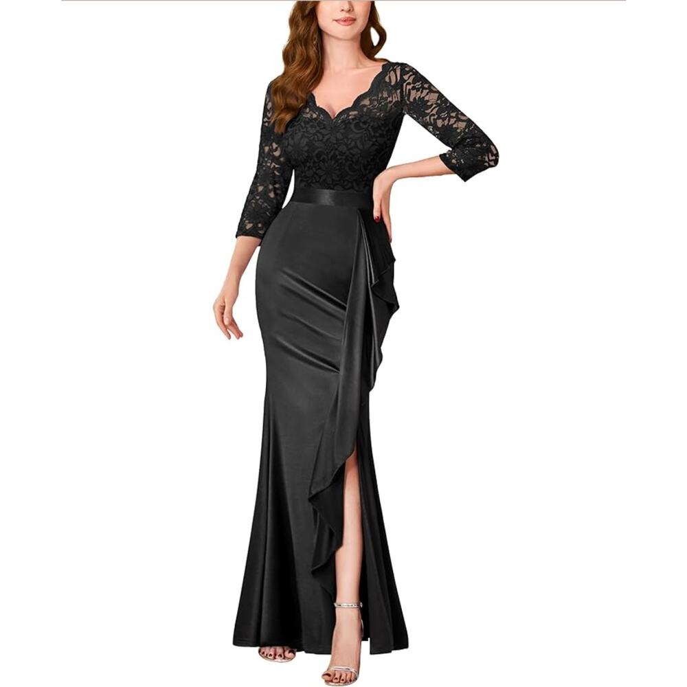 NEW MissMay Lace Evening Dress Womens L Black Long Wedding Guest Formal Party